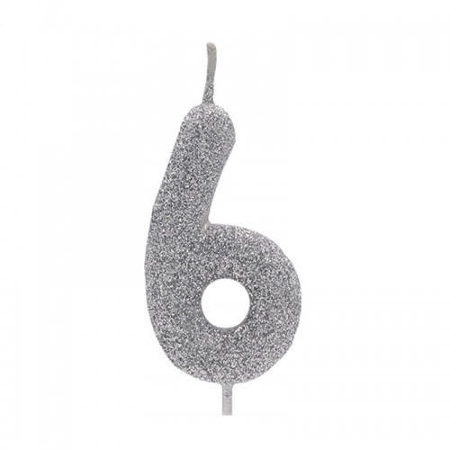 Vela Número 6 Prateado Glitter